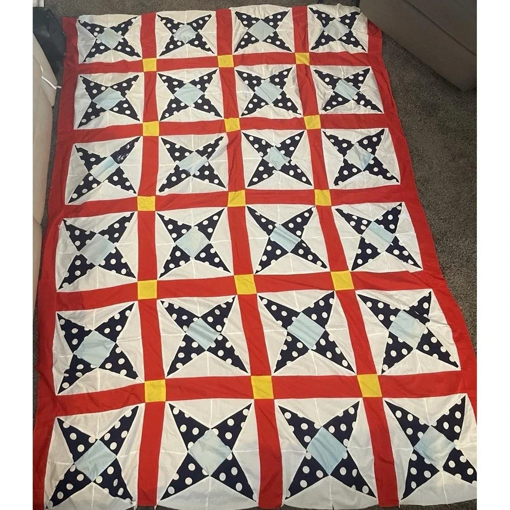 Classic Patriotic Americana Quilt Top 64x90 Modern Farmhouse Boho Red Blue Vivid